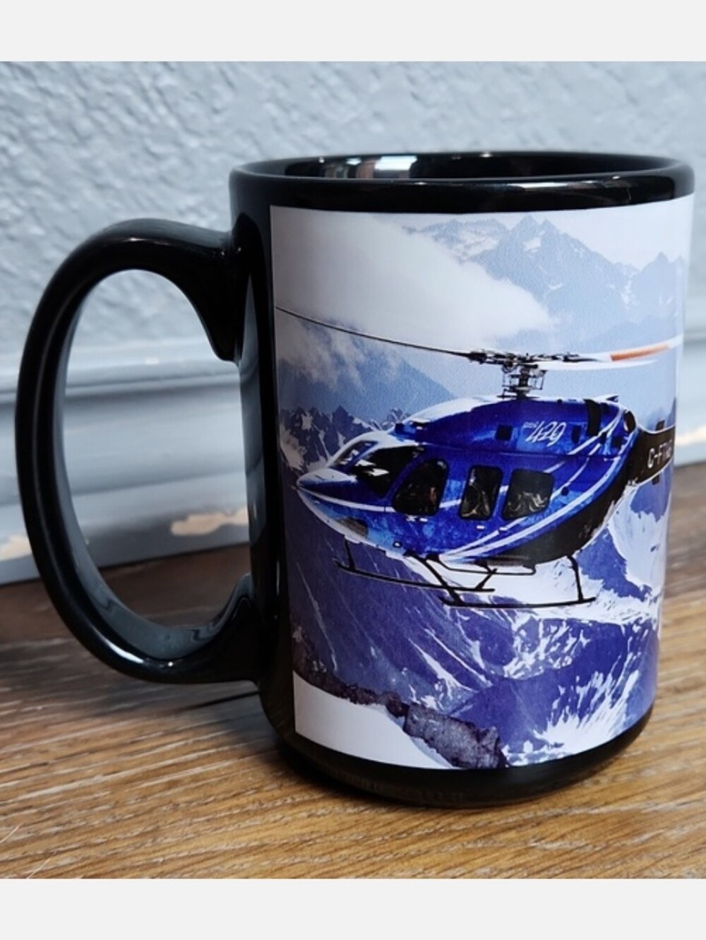 Bell Helicopter 429 Blue Black Mug Snowy Mountains